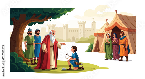 Biblical Scene Depicting Blessing, with a Young Boy, Elder, Tent, and Castle in the Background, Ideal for Religious or Historical Media Projects.