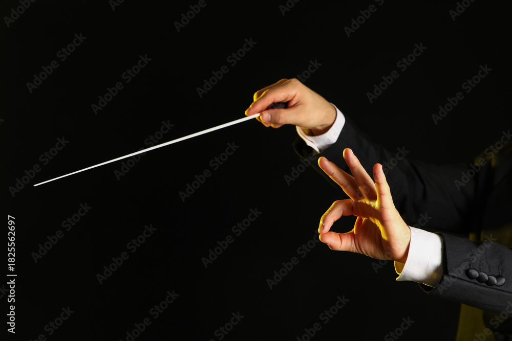 Fototapeta premium Hands of male conductor with baton on black background
