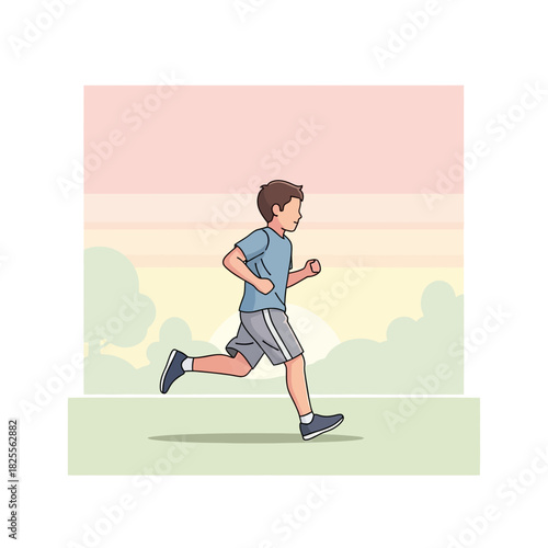 Young boy jogging outdoors in casual sportswear during sunset.