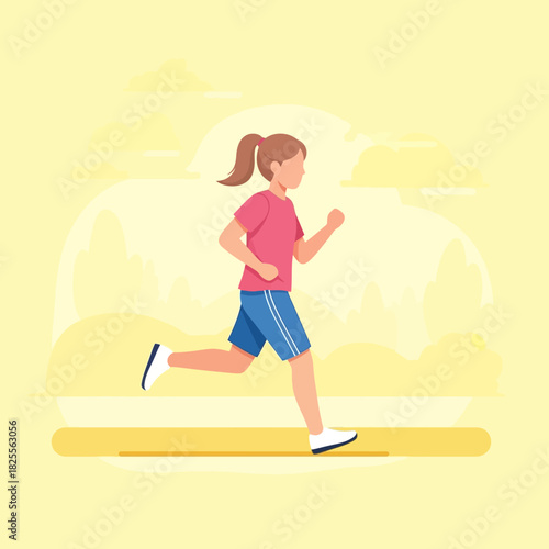 Young woman jogging outdoors in casual sportswear during daytime.