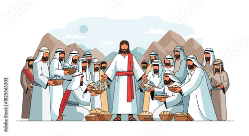 Jesus Feeds the 5000 Illustration: Miracle of Loaves and Fishes with Disciples, Bread, and Fish in Galilee with Mountain Backdrop