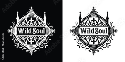 Intricate gothicstyle wild soul logo with ornate scrollwork and architectural elements, shown in contrasting black and white versions