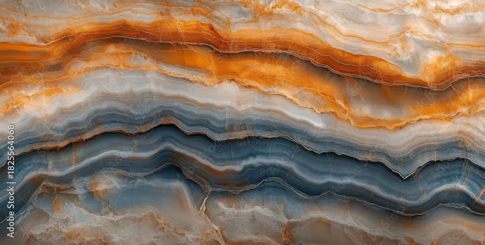 Obraz premium Close-up view of multicolored natural stone layers with swirling patterns in shades of orange, blue, gray, and white creating a textured abstract design