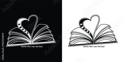 An open book with pages forming a heart shape, symbolizing love for reading and knowledge, presented in both black and white versions