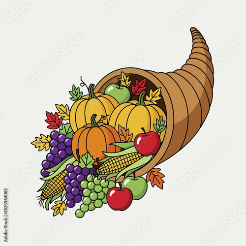 Abundant Cornucopia Overflowing with Autumn Harvest Fruits and Vegetables.