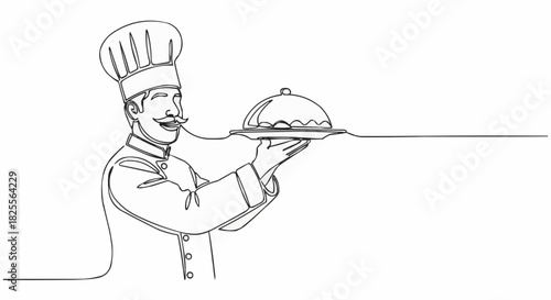 Continuous one line drawing of a smiling chef holding a serving platter with a cloche.