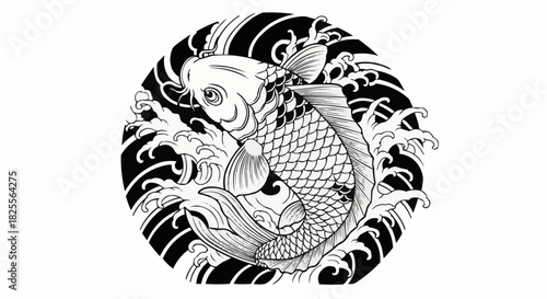 Monochrome Japanese Koi Fish in a Circular Wave Design.