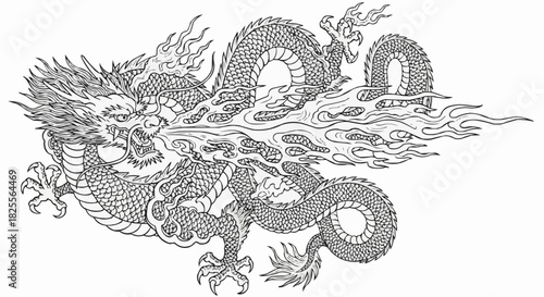Intricate black and white line art of a Chinese dragon breathing fire.