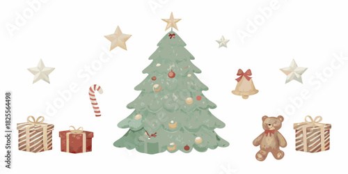 Watercolor christmas tree with gifts and decorations on white background
