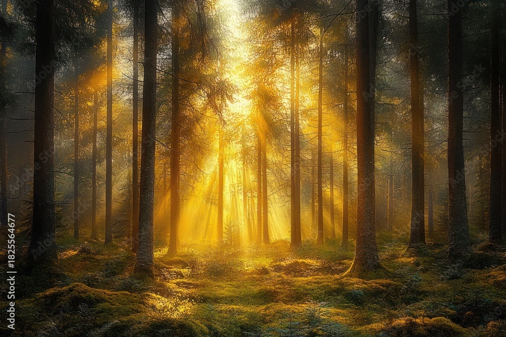Obraz premium Sunlight streaming through tall trees in a dense forest illuminating the moss-covered forest floor with golden rays creating a serene and magical atmosphere