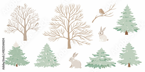 Winter forest illustration with bare trees evergreen trees rabbits and bird