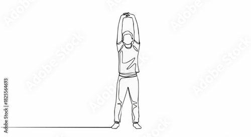 Continuous one line drawing of a man stretching his arms up.