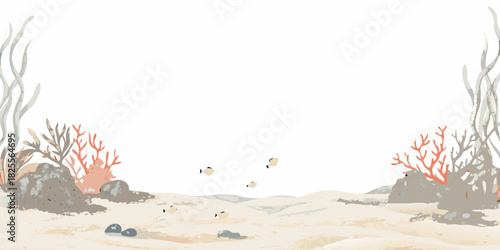 Watercolor underwater scene with coral rocks sand and fish on white