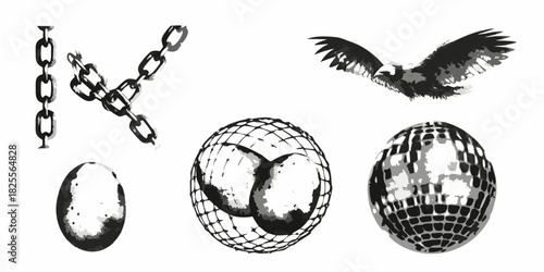 Monochrome vector illustration with chains bird and spheres on white background