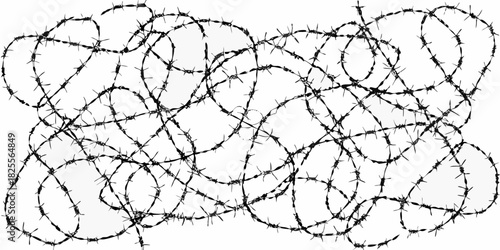 Tangled barbed wire illustration on white background for security and danger
