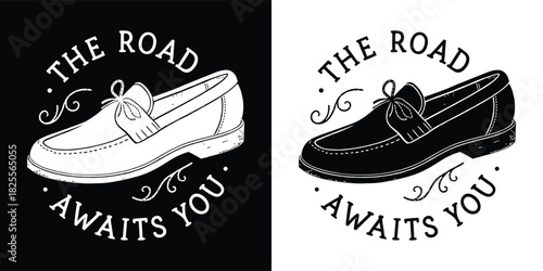 Vintage loafer shoe with text the road awaits you, representing journey, adventure, and future possibilities