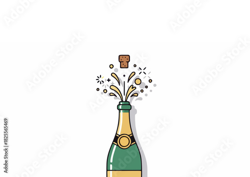 Champagne bottle illustration with bursting cork and celebratory bubbles on white