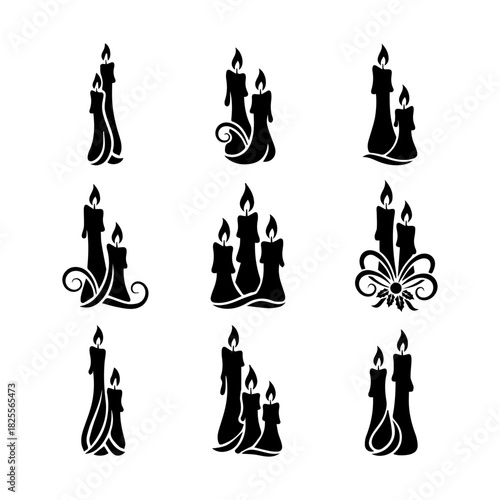 A set of 9 elegant, flowing black silhouettes featuring groups of lit candles in various decorative arrangements, some with swirls and flourishes. Ideal for holiday greeting cards and decor.