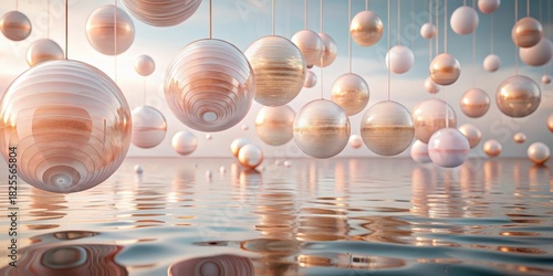 Serene Sunset Reflection Ornate spheres suspended above a calm body of water, reflecting the warm, golden hues of the setting sun, creating a tranquil and mesmerizing scene.