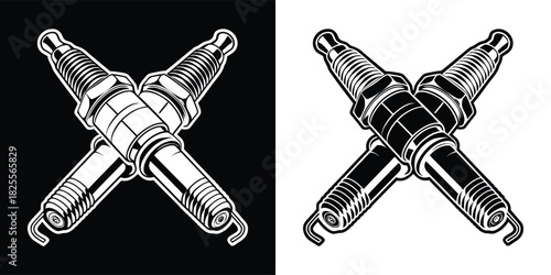 Two crossed spark plugs, a crucial automotive engine component for ignition, depicted in a striking black and white graphic illustration