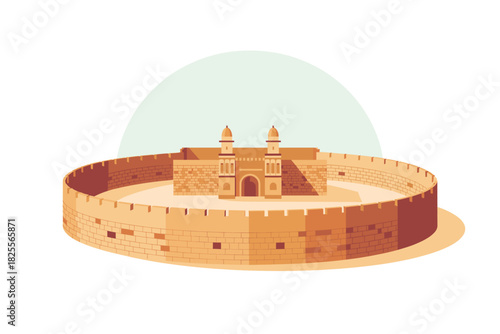 Ancient Fortress Illustration: Isometric View of Historical Walled City with Towers and Walls, Ideal for History Books and Tourism Guides with Isolated White Background.