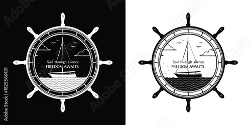 Ships wheel with a sailboat silhouette inside, representing maritime travel and adventure