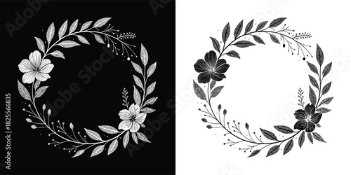 A distressed floral wreath with flowers and leaves, presented in both black and white versions for versatile design applications
