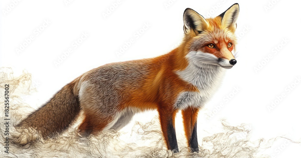 Obraz premium alert red fox standing on wispy smoke, detailed fur and bushy tail, calm curious expression