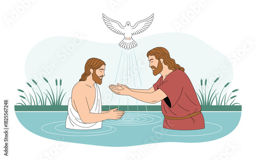 The Baptism of Jesus Christ by John the Baptist: Illustration of Holy Spirit Descending During Christian Sacrament, Water, River, Faith, and Religion