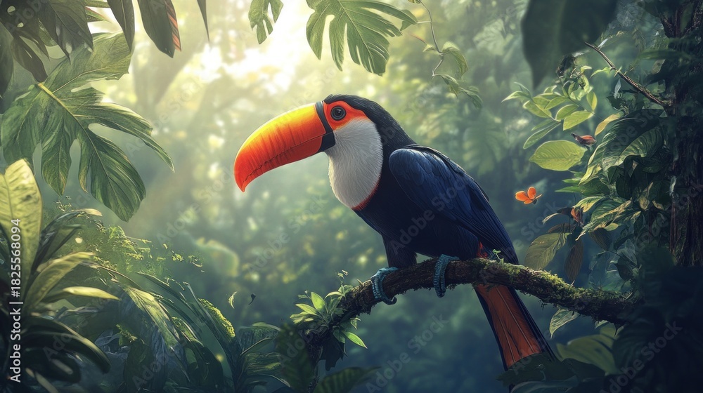 Obraz premium Toucan perched on branch in lush rainforest, sunlight filtering through leaves.
