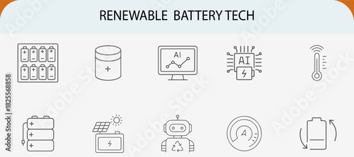 Renewable battery tech AI energy storage line icons set