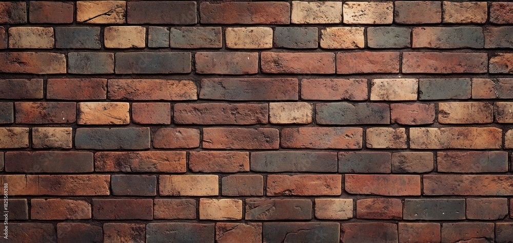 Fototapeta premium Close-up view of a textured brick wall with varying shades of red, orange, brown, and gray bricks arranged in a horizontal pattern