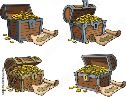Treasure chests filled with gold coins and ancient maps, detailed cartoon illustration for pirate adventure, fantasy exploration, and hidden riches themes