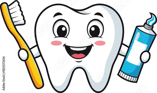 Cute smiling tooth cartoon holding toothbrush and toothpaste, dental hygiene illustration for kids, dentistry education, oral care promotion and health graphics