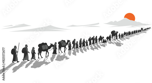 Desert Caravan Trek: Silhouette of Travelers with Camels in Harsh Conditions, Symbolizing Perseverance, Resilience, and Exploration against a Rising Sun