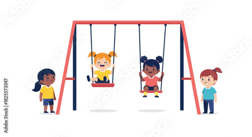 Diverse group of children enjoying a playground swing set.
