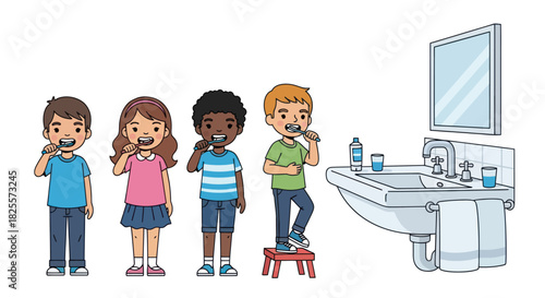 Happy diverse cartoon children brushing teeth with a bathroom sink and mirror promoting dental hygiene.