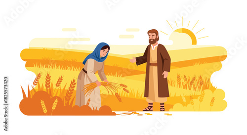 Ruth and Boaz in the Barley Field: A Biblical Story Illustration of Kindness and Redemption, Harvesting Golden Wheat Under the Bright Sun
