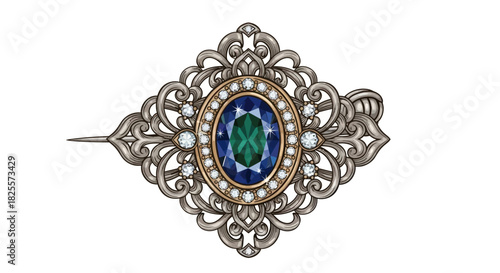 Vintage Ornate Silver Brooch with Blue-Green Gemstone and Pearls.
