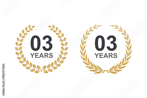 3rd anniversary laurel wreath. 3 year anniversary floral laurel wreath. Anniversary icon or logo with laurel wreath. 3rd year celebration label vector illustration