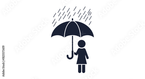Simple Black Silhouette Icon of Person Holding Umbrella in Rain.