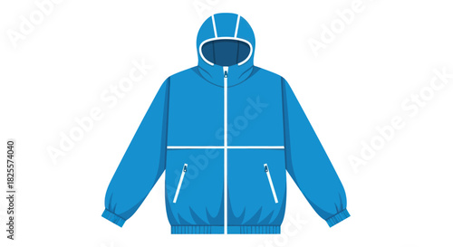 Bright Blue Hooded Jacket with White Zipper and Pockets.