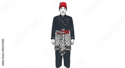 Full Body Illustration of Man in Traditional Indonesian Cultural Attire.