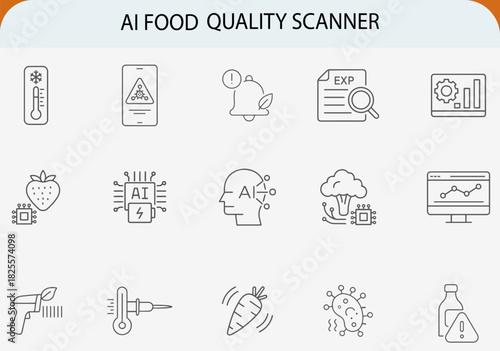 AI food quality scanner safety inspection minimal line icons set