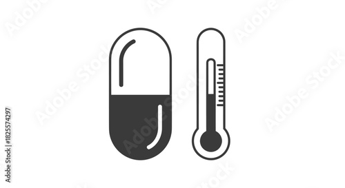 Medical Capsule and Thermometer Icon Symbolizing Health and Temperature Measurement.