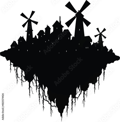 Silhouette of a fairytale village with windmills and a floating island