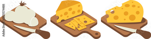 Cartoon Illustration of Cheese Types and Cottage Cheese Served on Wooden Boards with Knives