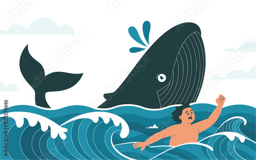 Cartoon Man in Distress with Large Whale in Ocean Waves, Vector Illustration for Children's Book or Educational Resource, Marine Life Theme