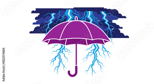 Vibrant purple umbrella shielding from intense lightning storm and dark clouds.