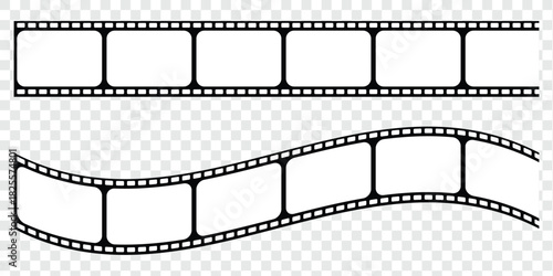 Film strip vector illustration set. Retro cinema movie filmstrip design. Vintage 35mm negative celluloid tape frame. Photography video border element collection. Old movie reel. black movie reel. 